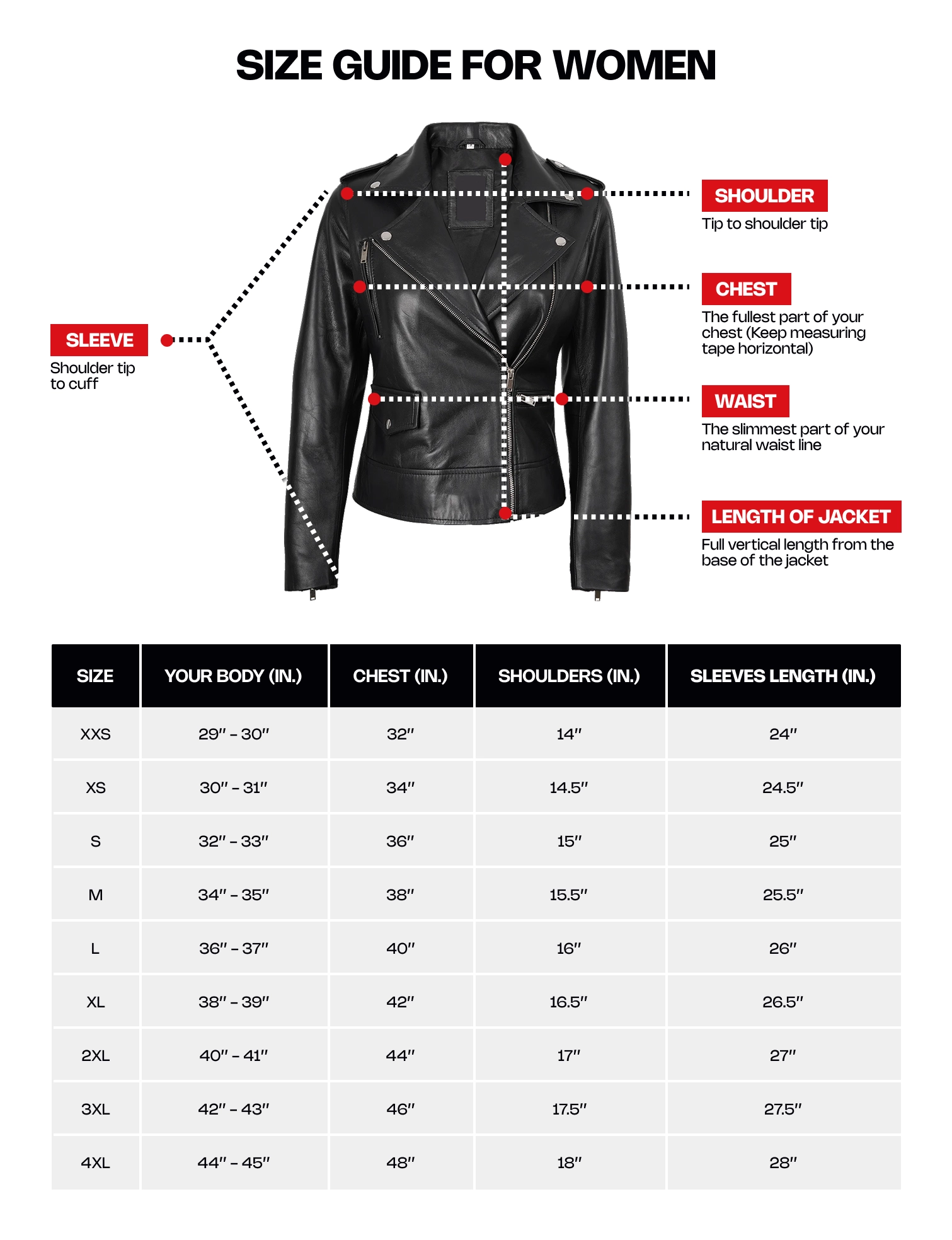 Jacket Rider Size Guide For Women