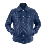 Mens Blue Genuine Leather Trucker Jacket