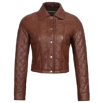 Women Brown Quilted Cropped Leather Jacket