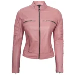 Women Pink Cafe Racer Leather Jacket