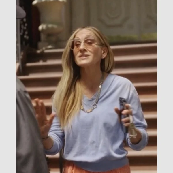 And Just Like That S03 Sarah Jessica Parker Blue V Neck Sweatshirt