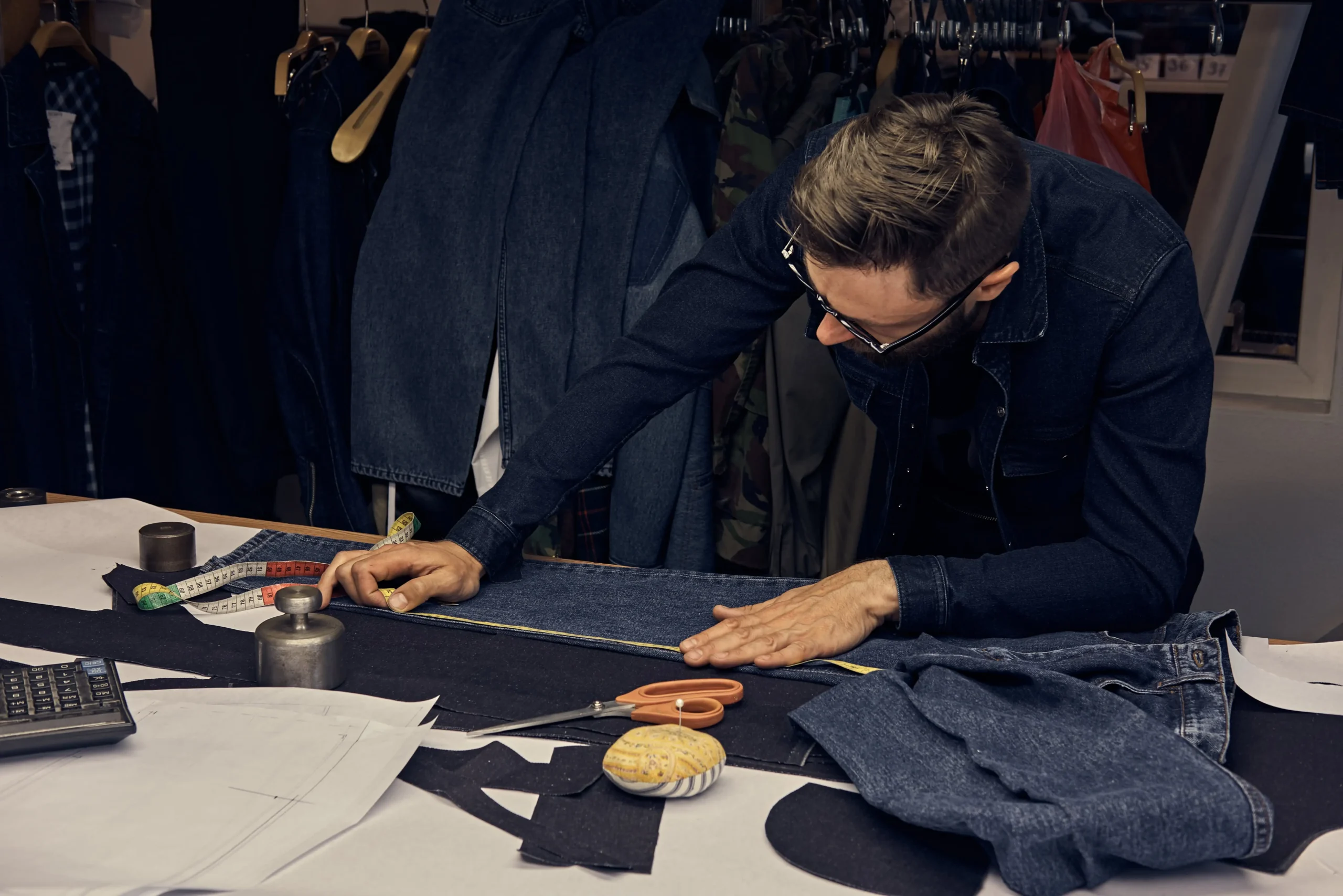 handsome-bearded-tailor-working-with-cloth-samples-sewing-workshop-min